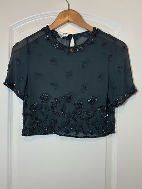 JMD New York Black Beaded Lace-Trim Top